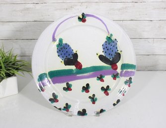 Large Hand Painted Studio Pottery Platter  Folk Art Birds & Floral Design  Signed  14' Round