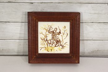 Vintage Framed Art Tile  Man Playing Instrument  Rustic Wooden Frame  9 X 9