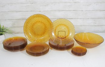 Vintage Indiana Glass Company Weavetex Basket Weave Carnival Glass Set  Amber Iridescent Dish Collection
