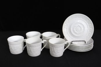 Bernardaud Limoges Louvre White Embossed Cups & Saucers Set  2.5'H Cups / 5' Saucers