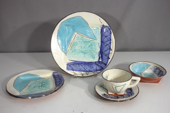 Vintage 1984 Patrick Loughran Studio Pottery  Signed Hand-Painted 5-Piece Place Setting  Monochrome Abstract