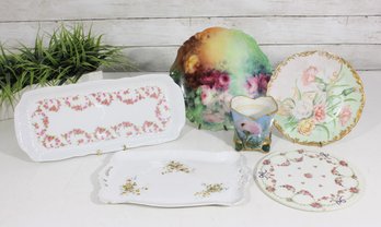 Lot Vintage Floral Porcelain Plates Trays & Vase Limoges Style Hand Painted