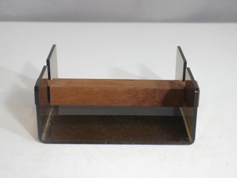 Vintage Mid-Century Modern Smoked Lucite & Wood Napkin Holder  5.5 X 5