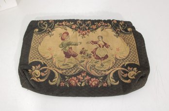 Vintage Tapestry Sawing  Bag  Romantic Figural Scene  Woven Fabric Purse  11 X 16