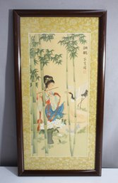 Chinese Silk Embroidery Art Depicting Woman With Crane In Bamboo Forest