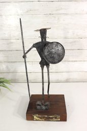 Vintage Metal Don Quixote Sculpture On Wooden Base  19' Tall