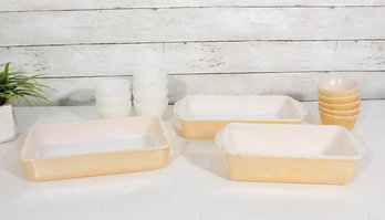 Vintage Fire-King Peach Luster Bakeware Set  Mid-Century Nesting Dishes & Custard Cups