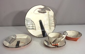 Vintage 1984 Patrick Loughran Studio Pottery  Signed Hand-Painted 5-Piece Place Setting  Monochrome Abstract