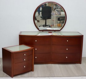 Three Piece Smoke Glass Top Dresser And One Night Stand