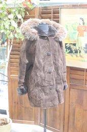 Saks Fifth Avenue Brown Suede & Faux Fur-Trimmed Hooded Coat - Size M