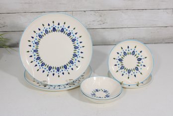 Vintage 1950s60s Marcrest Swiss Alpine Chalet Dinnerware  6 Piece Set  Blue Floral Mid-Century