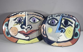 Vintage Signed Victoria Crowell Studio Pottery  Pair Of Large Hand-Painted Face Plates  17' & 20.5'