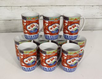 Set Of 9 Vintage Oriental Porcelain Mugs  4' Tall  Red & Blue Floral Asian Design