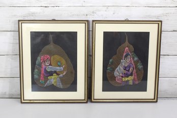 Pair Of Vintage Asian Leaf Art Paintings  Hand-Painted Figures On Bodhi Leaves  Framed 12 X 9.5