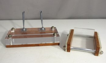 Vintage Mid-Century Modern Lucite & Wood Desk Set  Pen Holder & Letter Tray