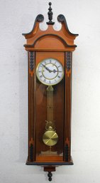 Vintage Wall Pendulum Clock With Key  Elegant Wooden Case And Finial Detailing-untested
