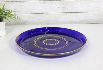 Vintage Cobalt Blue Glass Serving Platter Gold Ring Design 13.5 Round
