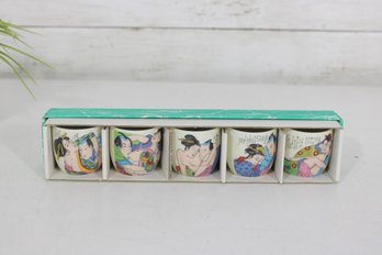 Vintage Japanese Shunga Sake Cups Set  Erotic Geisha Kutani Style Shot Cups W/ Box  2'H