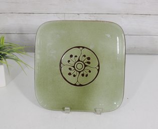 Abbaye Notre-Dame Du Bec Handmade Celadon Plate  Green Square W/ Brown Floral  10 X 10'