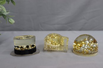 3  Bead Filled Acrylic Paperweights -Top Hat Paperweight, Mini Piano,