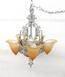 1930s Art Deco Lincoln Fleur-De-Lis 5-Light Slip Shade Chandelier  Vintage