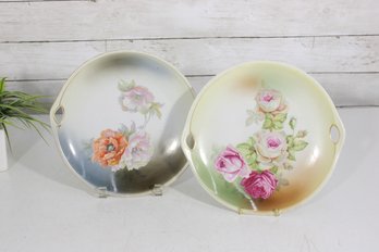 Pair Hand Painted German Porcelain Plates  Floral Roses  Gold Rim  10' Round W/ Handles