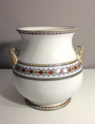 Antique Ornate Porcelain Vase With Hand-Painted Motifs And Dual Handles