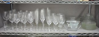Shelf Lot Of Assorted Glassware  Stemware, Bowls & Serving Pieces
