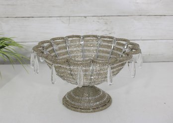 Vintage Beaded Pedestal Bowl W/ Crystal Prism Drops  Decorative Centerpiece  6'H X 9.5 Round