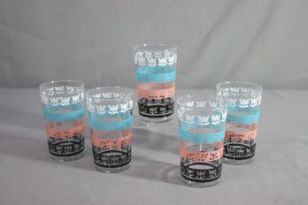 Set Of 5, Mid Century, Tulip, Drinking Glasses, Teal, Black, Pink, White