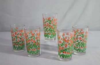 Set Of 5 Vintage Flowered Water Glass