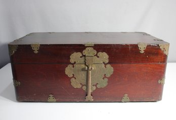 Antique Chinese Wooden Chest With Brass Hardware And Script-Lined Interior