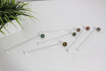 Set Of 7 Hand-Blown Glass Swizzle Sticks  Colorful Marble Tops  8 Long