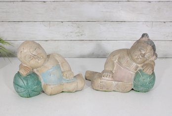 Hand Carved Asian Style Boy & Girl Figurine Set  Children Reclining On Melon  Folk Art Sculptures  6.5 X 9'
