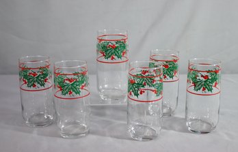 Set Of 6 Vintage Holly & Berry Glass Set