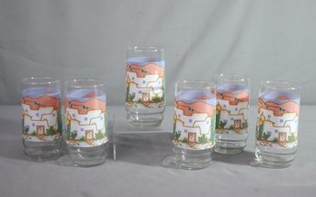 Set Of 6 Vintage Southwestern Adobe House Saguaro Cactus Drinking Glasses
