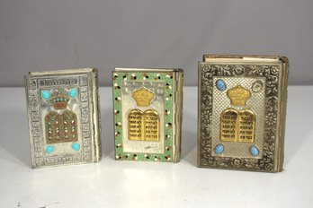 Set Of 3 Vintage Siddur Prayer Books  Ornate Metal Covers With Gemstone Accents