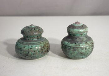 Vintage Handcrafted Ceramic Salt & Pepper Shakers  Green Glaze-3'h
