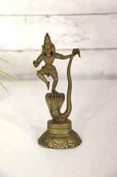 Vintage Brass Hindu Deity Statue  6'H Dancing Krishna On Serpent Kaliya  India