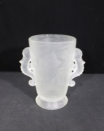 Art Deco Czech Barolac Frosted Glass Vase  Fish & Seahorse Handles  7.' Tall