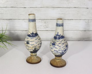 Pair Of Antique Blue & White Decorated Vases  Hand-Painted Scenic Motif  10.5 & 9.5