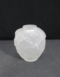Verlys Frosted Art Glass Vase  Floral Relief Design  Signed  5.5 Tall