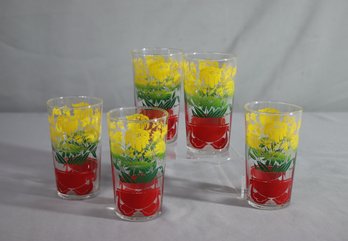 Set Of 5 Vintage Yellow Floral Drinking Glass