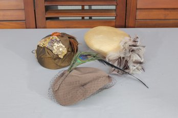 #348-Vintage Womens Hat Lot (3)  Feathered Cocktail Hats, Veil & Classic Mid-Century Styles