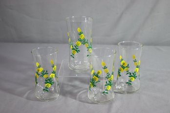 Set Of 4 Christaleria Yellow Climbing Roses Glass Tumblers -vintage