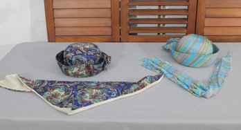 #349-Vintage Womens Hat Lot (2) W/ Matching Scarves  Colorful Patterned & Bow Accents