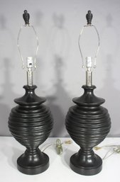 Pair Of Modern Black Ribbed Table Lamps  33.5 Tall, Sculptural Form