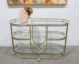 Vintage Brass & Glass Bar Cart / Console Table On Casters  Hollywood Regency Style  49' Wide