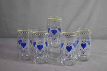 Set Of 5 Vintage Blue Gold Hearts 6' Drinking Glasses