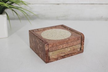 Vintage Marble & Stone Coaster Set W/ Holder  Mid Century Modern Drink Coasters  4' Square